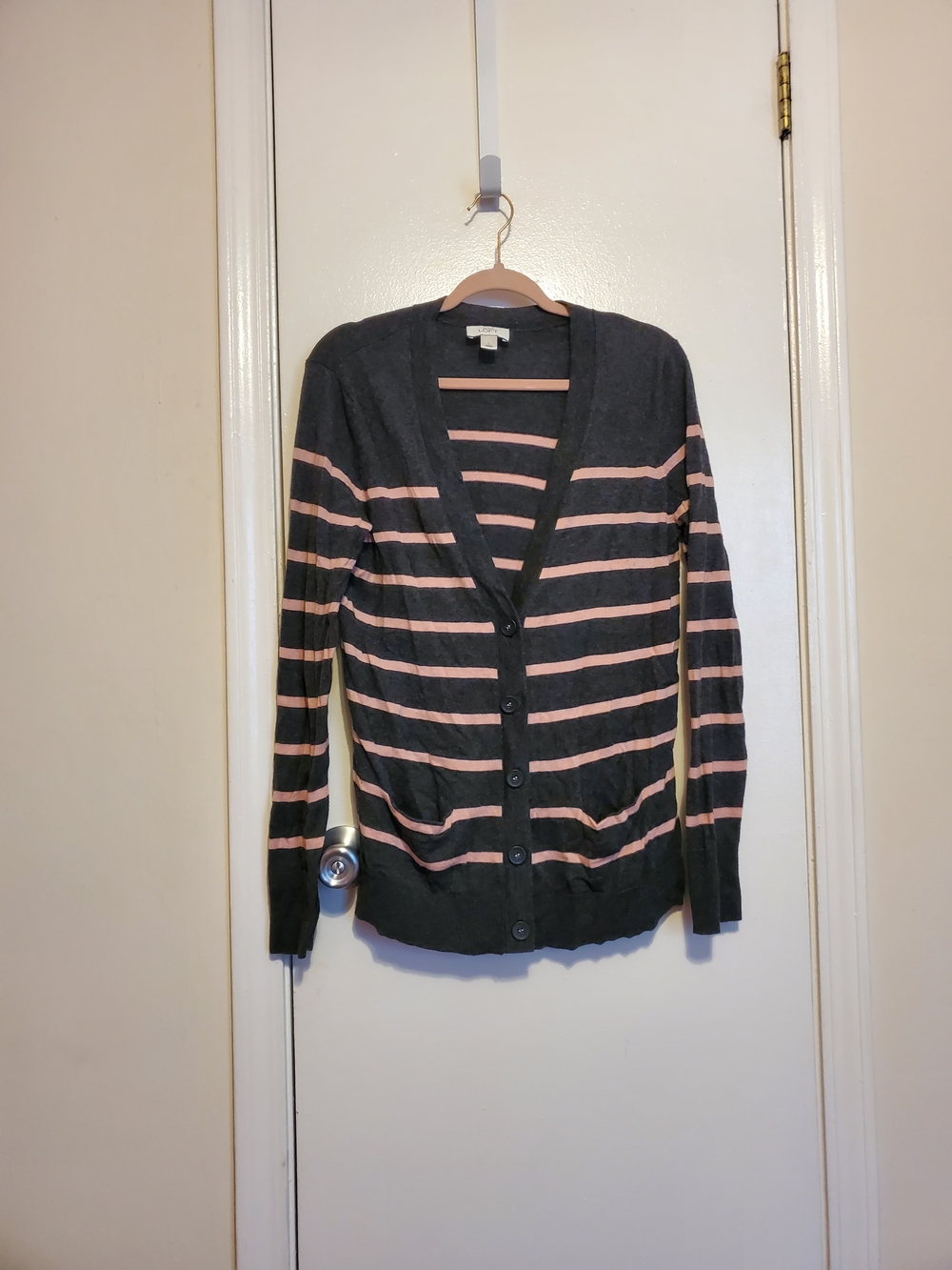 LOFT Charcoal & Light Pink Striped V-Neck Button Cardigan